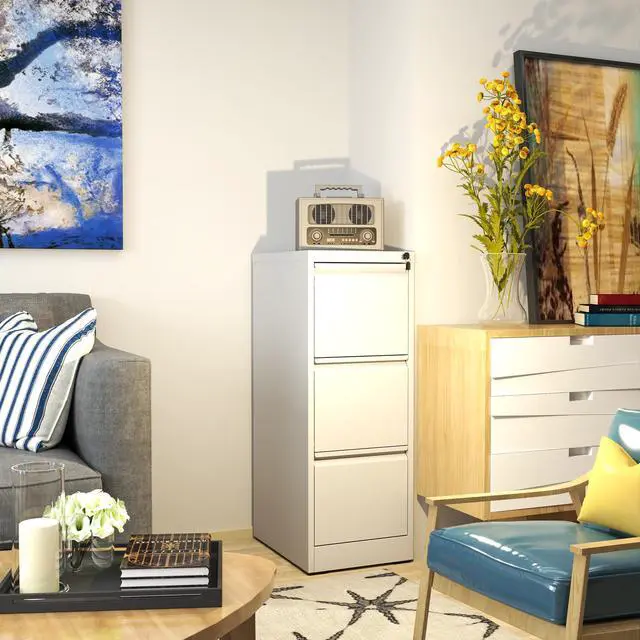 Alt view image 6 of 6 - 3 Drawer File Cabinet with Lock, White Metal Filing Cabinets for Home Office, 18" Deep Vertical Storage File Cabinets for Hanging A4/Letter/Legal Size Files, Assembly Require