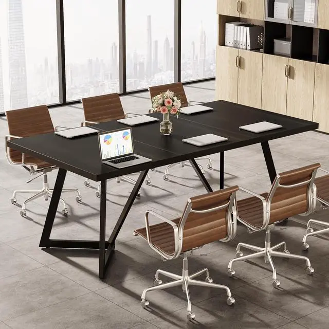 Alt view image 3 of 7 - 70.86" Conference Table, Modern Meeting Table with Metal Frame, Rectangular Seminar Table Boardroom Desk for Office Meeting Conference Room (1, Black)