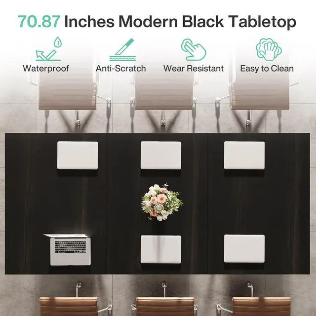 Alt view image 5 of 7 - 70.86" Conference Table, Modern Meeting Table with Metal Frame, Rectangular Seminar Table Boardroom Desk for Office Meeting Conference Room (1, Black)