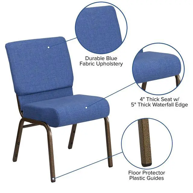 Alt view image 4 of 7 - Blue 21" W Stacking Church Chair, 4-Pack | Gold Vein Frame, Fabric Upholstery