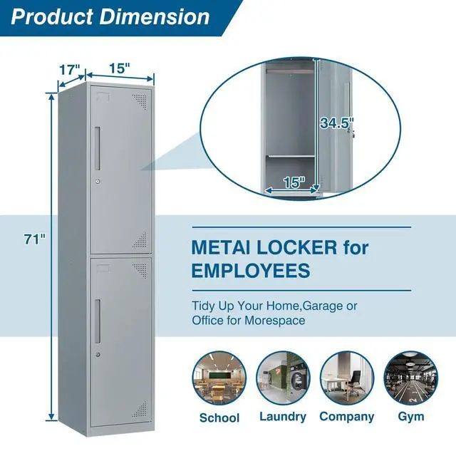 Alt view image 3 of 7 - Metal Storage Cabinet, 71" Tall Storage Locker for Employees, Steel Cabinet with Lock and Keys for School, Gym, Home, Office Staff (2 Doors-Grey)