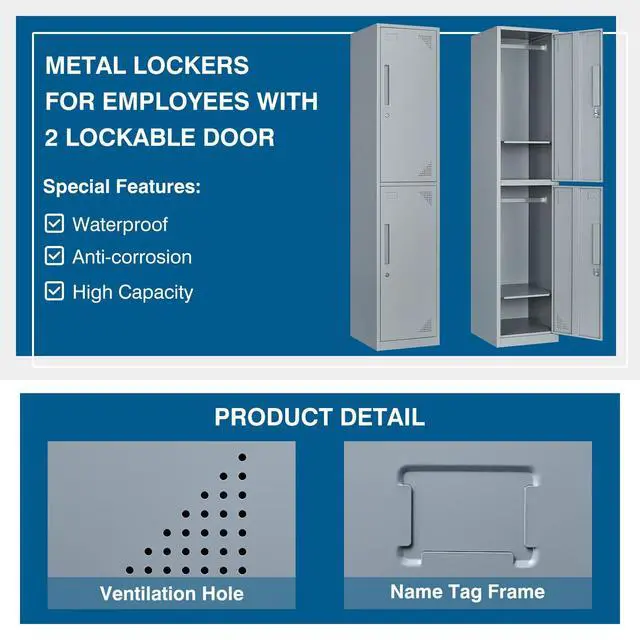 Alt view image 4 of 7 - Metal Storage Cabinet, 71" Tall Storage Locker for Employees, Steel Cabinet with Lock and Keys for School, Gym, Home, Office Staff (2 Doors-Grey)
