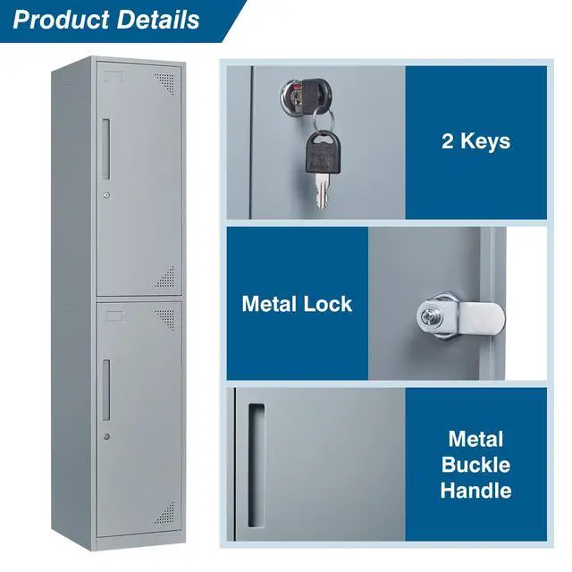 Alt view image 6 of 7 - Metal Storage Cabinet, 71" Tall Storage Locker for Employees, Steel Cabinet with Lock and Keys for School, Gym, Home, Office Staff (2 Doors-Grey)