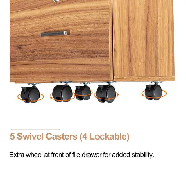 Alt view image 3 of 6 - 2 Drawer File Cabinet with Lock, Wood Grain Walnut File Cabinet for Letter Size File Folders with Tabs, Under Desk Rolling File Cabinets for Home Office, Mobile Filing Cabinet Printer Stand
