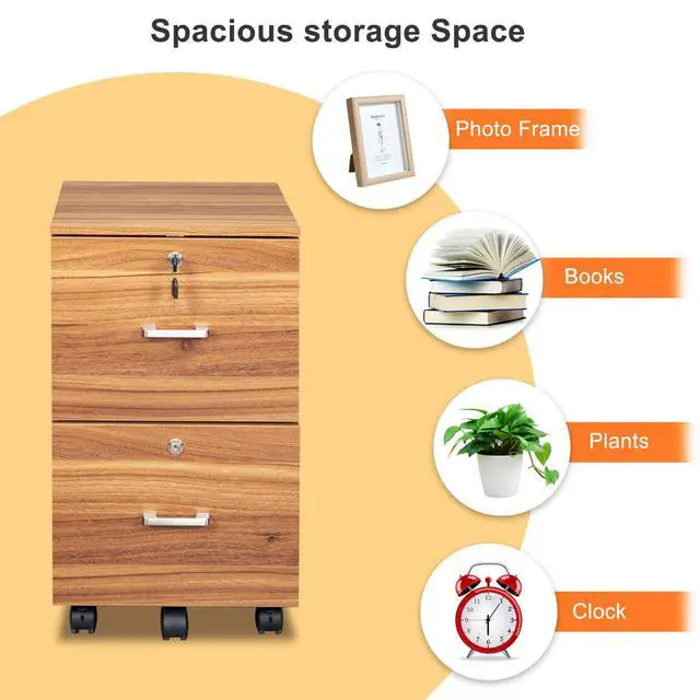 Alt view image 4 of 6 - 2 Drawer File Cabinet with Lock, Wood Grain Walnut File Cabinet for Letter Size File Folders with Tabs, Under Desk Rolling File Cabinets for Home Office, Mobile Filing Cabinet Printer Stand