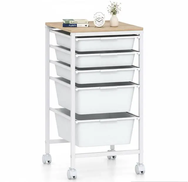Main image of Rolling Cart with Drawers, 5 Drawer Rolling Storage Cart with Wooden Tabletop, Metal Frame & Lockable Wheels, Craft Organizers and Storage for Home Office Classroom (White, 5 Drawer)
