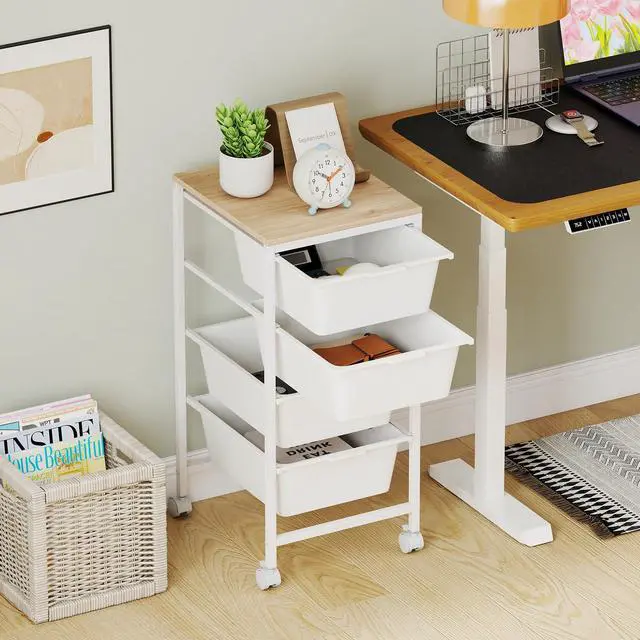 Alt view image 2 of 7 - Rolling Cart with Drawers, 4 Drawer Rolling Storage Cart with Wooden Tabletop, Metal Frame & Lockable Wheels, Craft Organizers and Storage for Home Office Classroom (White, 4 Drawer)