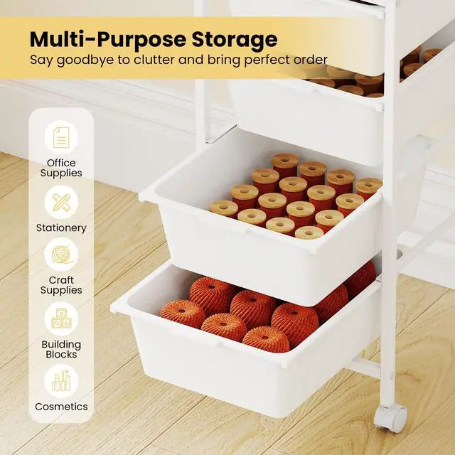 Alt view image 4 of 7 - Rolling Cart with Drawers, 4 Drawer Rolling Storage Cart with Wooden Tabletop, Metal Frame & Lockable Wheels, Craft Organizers and Storage for Home Office Classroom (White, 4 Drawer)