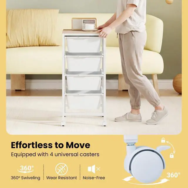 Alt view image 6 of 7 - Rolling Cart with Drawers, 4 Drawer Rolling Storage Cart with Wooden Tabletop, Metal Frame & Lockable Wheels, Craft Organizers and Storage for Home Office Classroom (White, 4 Drawer)