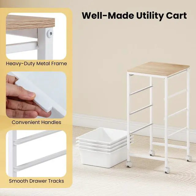 Alt view image 7 of 7 - Rolling Cart with Drawers, 4 Drawer Rolling Storage Cart with Wooden Tabletop, Metal Frame & Lockable Wheels, Craft Organizers and Storage for Home Office Classroom (White, 4 Drawer)