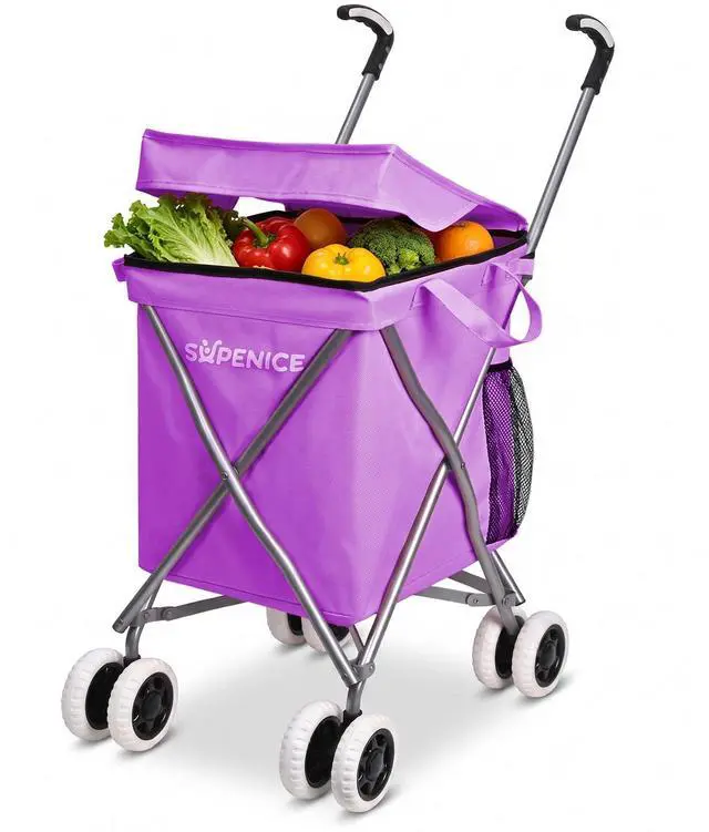 Main image of Shopping Carts for Groceries Foldable Rolling Trolley with 360° Double Front Swivel Wheels Waterproof Removable Canvas Liner with Cover for Laundry Grocery, Baggage, Picnic (Holds Up to 120 lbs)