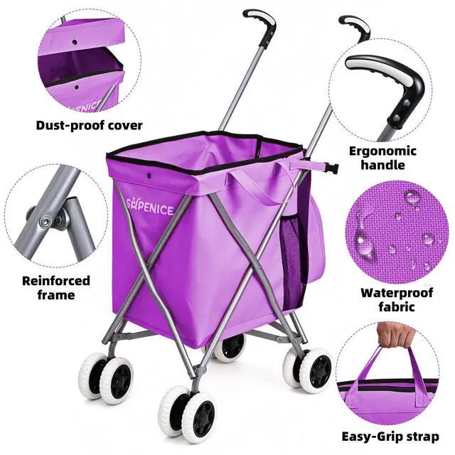 Alt view image 3 of 7 - Shopping Carts for Groceries Foldable Rolling Trolley with 360° Double Front Swivel Wheels Waterproof Removable Canvas Liner with Cover for Laundry Grocery, Baggage, Picnic (Holds Up to 120 lbs)
