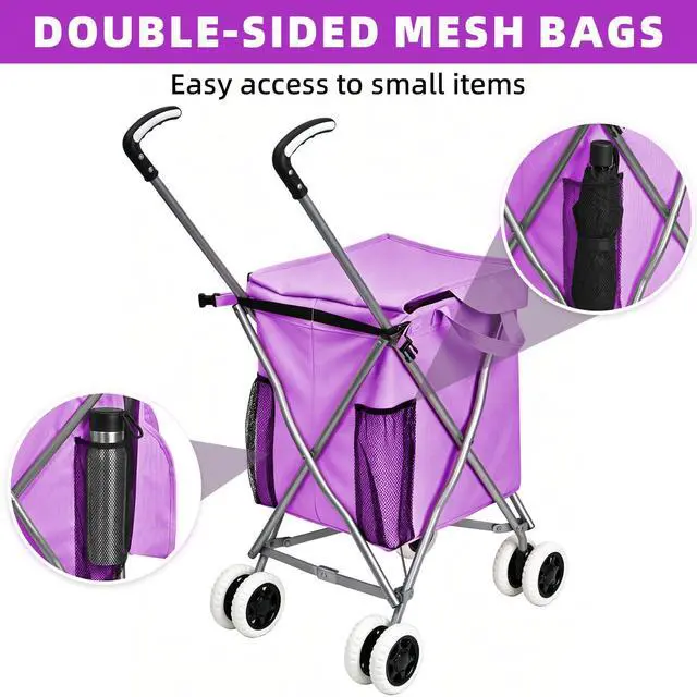 Alt view image 4 of 7 - Shopping Carts for Groceries Foldable Rolling Trolley with 360° Double Front Swivel Wheels Waterproof Removable Canvas Liner with Cover for Laundry Grocery, Baggage, Picnic (Holds Up to 120 lbs)