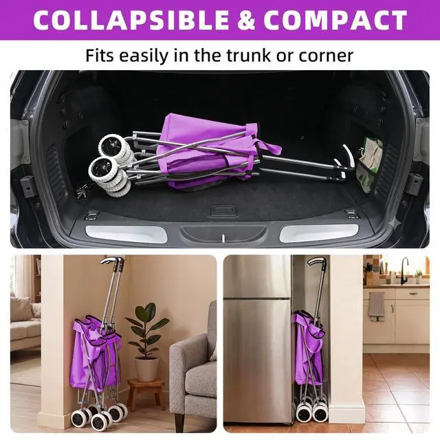 Alt view image 5 of 7 - Shopping Carts for Groceries Foldable Rolling Trolley with 360° Double Front Swivel Wheels Waterproof Removable Canvas Liner with Cover for Laundry Grocery, Baggage, Picnic (Holds Up to 120 lbs)
