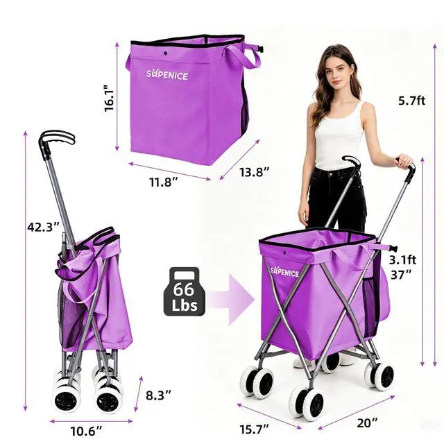 Alt view image 6 of 7 - Shopping Carts for Groceries Foldable Rolling Trolley with 360° Double Front Swivel Wheels Waterproof Removable Canvas Liner with Cover for Laundry Grocery, Baggage, Picnic (Holds Up to 120 lbs)