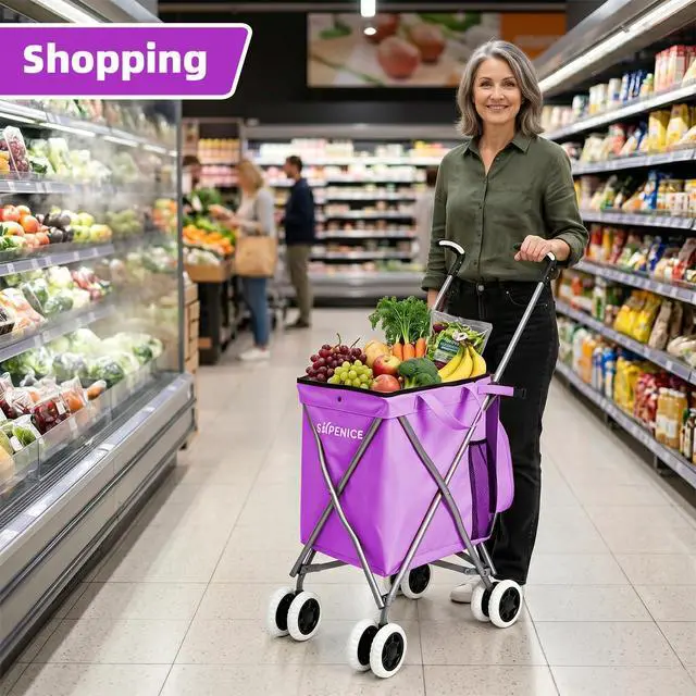 Alt view image 7 of 7 - Shopping Carts for Groceries Foldable Rolling Trolley with 360° Double Front Swivel Wheels Waterproof Removable Canvas Liner with Cover for Laundry Grocery, Baggage, Picnic (Holds Up to 120 lbs)