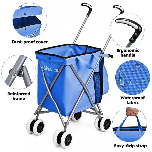 Alt view image 2 of 7 - Shopping Carts for Groceries Foldable Rolling Trolley with 360° Double Front Swivel Wheels Waterproof Removable Canvas Liner with Cover for Laundry Grocery, Baggage, Picnic (Holds Up to 120 lbs)