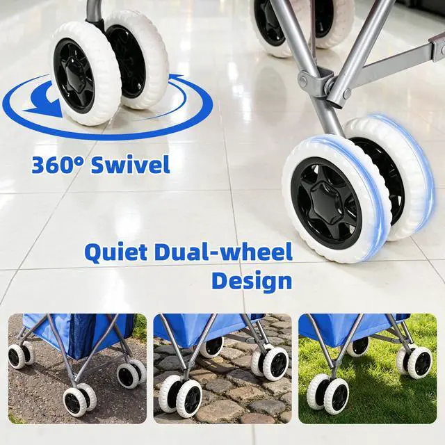 Alt view image 3 of 7 - Shopping Carts for Groceries Foldable Rolling Trolley with 360° Double Front Swivel Wheels Waterproof Removable Canvas Liner with Cover for Laundry Grocery, Baggage, Picnic (Holds Up to 120 lbs)