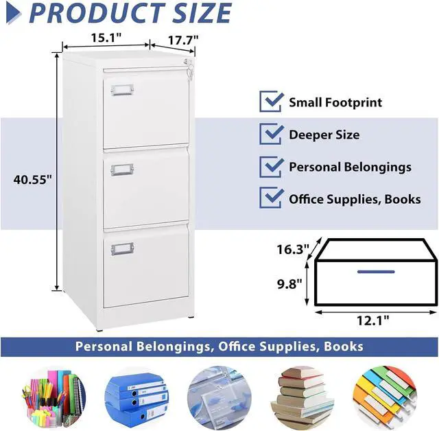 Alt view image 3 of 7 - 3 Drawer File Cabinet,Metal Filing Cabinets with Lock,18" Deep Office Storage Cabinet for A4/Letter/Legal Size File,Assembly Required