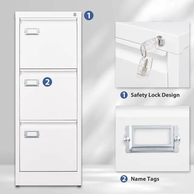 Alt view image 7 of 7 - 3 Drawer File Cabinet,Metal Filing Cabinets with Lock,18" Deep Office Storage Cabinet for A4/Letter/Legal Size File,Assembly Required