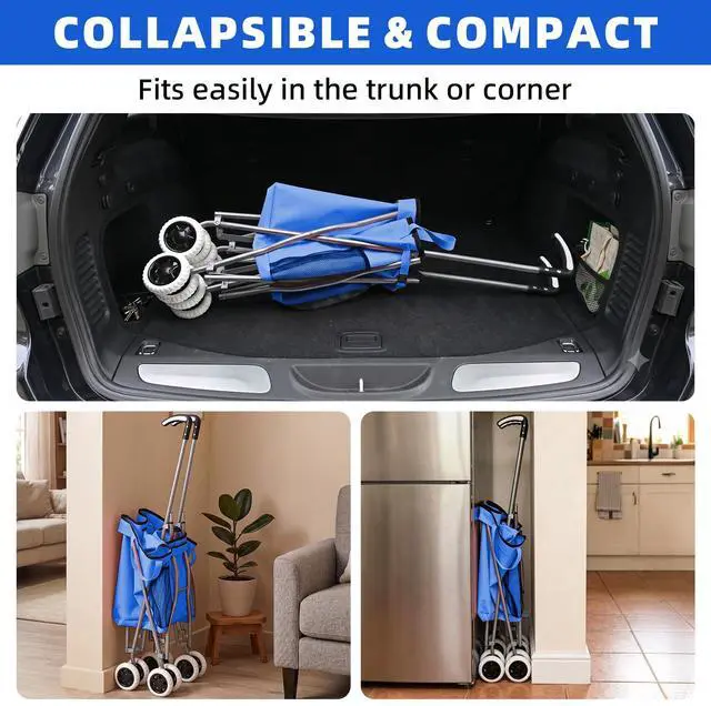 Alt view image 5 of 7 - Shopping Carts for Groceries Foldable Rolling Trolley with 360° Double Front Swivel Wheels Waterproof Removable Canvas Liner with Cover for Laundry Grocery, Baggage, Picnic (Holds Up to 120 lbs)