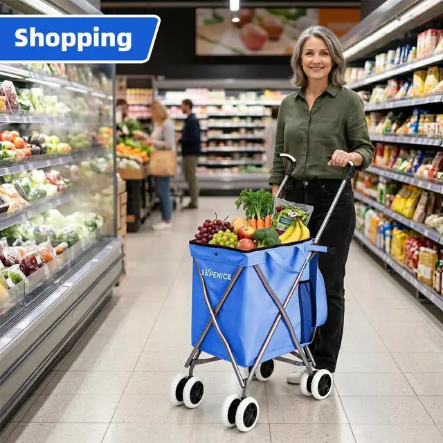 Alt view image 6 of 7 - Shopping Carts for Groceries Foldable Rolling Trolley with 360° Double Front Swivel Wheels Waterproof Removable Canvas Liner with Cover for Laundry Grocery, Baggage, Picnic (Holds Up to 120 lbs)