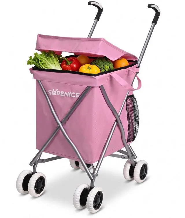 Main image of Shopping Carts for Groceries Foldable Rolling Trolley with 360° Double Front Swivel Wheels Waterproof Removable Canvas Liner with Cover for Laundry Grocery, Baggage, Picnic (Holds Up to 120 lbs)