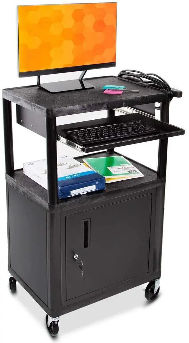 Main image of Line Leader Plastic AV Cart with Keyboard Tray and Locking Metal Cabinet, Heavy Duty Mobile Workstation with 4 Rolling Casters, 2 Locking Brakes, Heavy Duty, Holds up to 75 lbs (42 Inch w Cabinet)