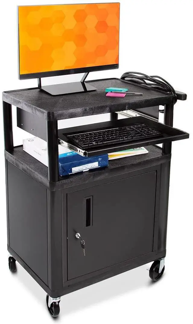 Main image of Line Leader Plastic AV Cart with Keyboard Tray and Locking Metal Cabinet, Heavy Duty Mobile Workstation with 4 Rolling Casters, 2 Locking Brakes, Heavy Duty, Holds up to 100 lbs (34 Inch w Cabinet)