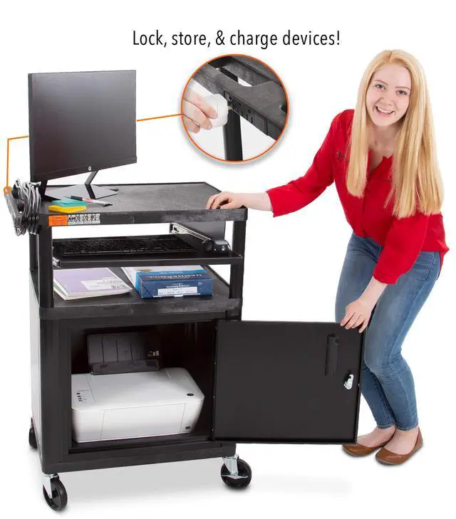 Alt view image 2 of 7 - Line Leader Plastic AV Cart with Keyboard Tray and Locking Metal Cabinet, Heavy Duty Mobile Workstation with 4 Rolling Casters, 2 Locking Brakes, Heavy Duty, Holds up to 100 lbs (34 Inch w Cabinet)