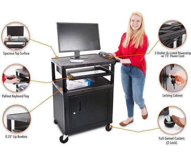 Alt view image 3 of 7 - Line Leader Plastic AV Cart with Keyboard Tray and Locking Metal Cabinet, Heavy Duty Mobile Workstation with 4 Rolling Casters, 2 Locking Brakes, Heavy Duty, Holds up to 100 lbs (34 Inch w Cabinet)