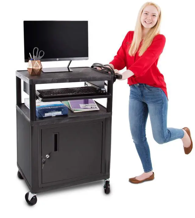 Alt view image 5 of 7 - Line Leader Plastic AV Cart with Keyboard Tray and Locking Metal Cabinet, Heavy Duty Mobile Workstation with 4 Rolling Casters, 2 Locking Brakes, Heavy Duty, Holds up to 100 lbs (34 Inch w Cabinet)