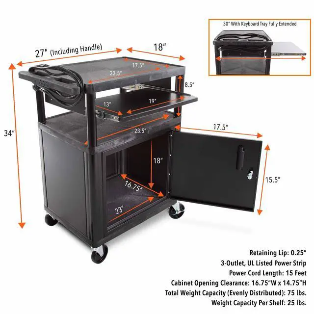 Alt view image 6 of 7 - Line Leader Plastic AV Cart with Keyboard Tray and Locking Metal Cabinet, Heavy Duty Mobile Workstation with 4 Rolling Casters, 2 Locking Brakes, Heavy Duty, Holds up to 100 lbs (34 Inch w Cabinet)