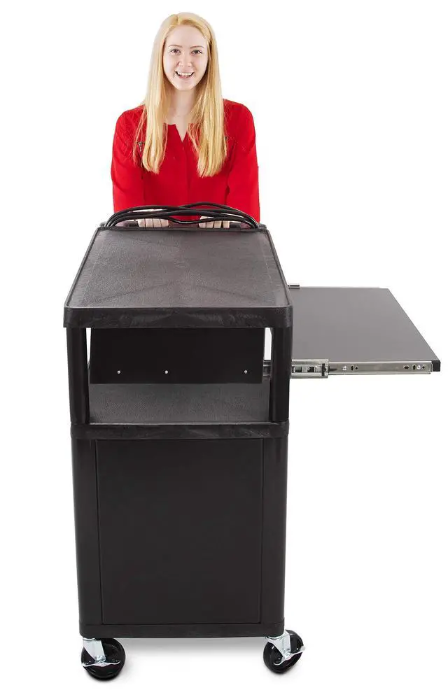 Alt view image 7 of 7 - Line Leader Plastic AV Cart with Keyboard Tray and Locking Metal Cabinet, Heavy Duty Mobile Workstation with 4 Rolling Casters, 2 Locking Brakes, Heavy Duty, Holds up to 100 lbs (34 Inch w Cabinet)