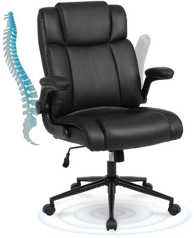 Main image of Ergonomic Executive Office Chair, PU Leather Computer Chair, Black | Thick Padded Flip-up Armrests, Computer Chair with Lumbar Support,Comfy and Soft Cushion, Height Adjustable,Swivel Desk Chair