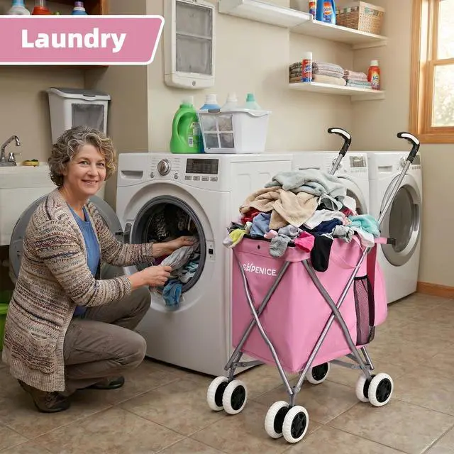 Alt view image 7 of 7 - Shopping Carts for Groceries Foldable Rolling Trolley with 360° Double Front Swivel Wheels Waterproof Removable Canvas Liner with Cover for Laundry Grocery, Baggage, Picnic (Holds Up to 120 lbs)