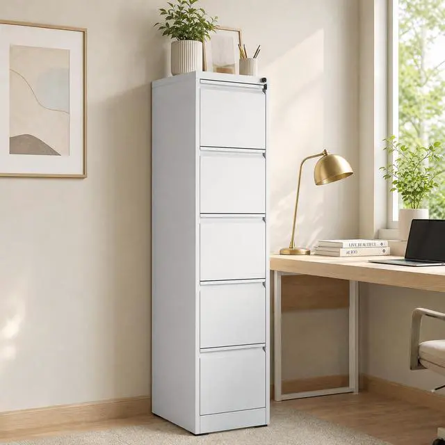 Alt view image 2 of 7 - 5 Drawer File Cabinet with Lock, Vertical Metal Filing Cabinet White | 64.2"H x 15"W x 18"D Office Storage Cabinet for Home Office, Fit Letter, Legal, A4 and F4, Assembly Required