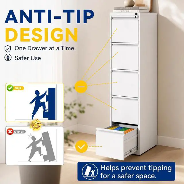 Alt view image 6 of 7 - 5 Drawer File Cabinet with Lock, Vertical Metal Filing Cabinet White | 64.2"H x 15"W x 18"D Office Storage Cabinet for Home Office, Fit Letter, Legal, A4 and F4, Assembly Required
