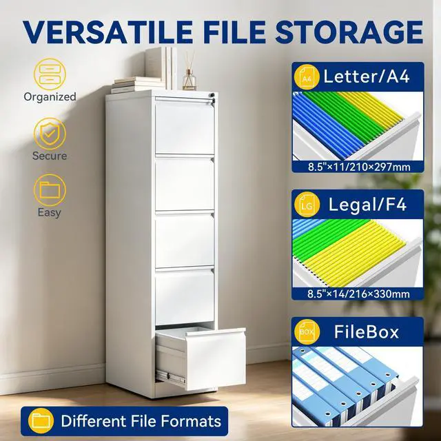 Alt view image 4 of 7 - 5 Drawer File Cabinet with Lock, Vertical Metal Filing Cabinet White | 64.2"H x 15"W x 18"D Office Storage Cabinet for Home Office, Fit Letter, Legal, A4 and F4, Assembly Required