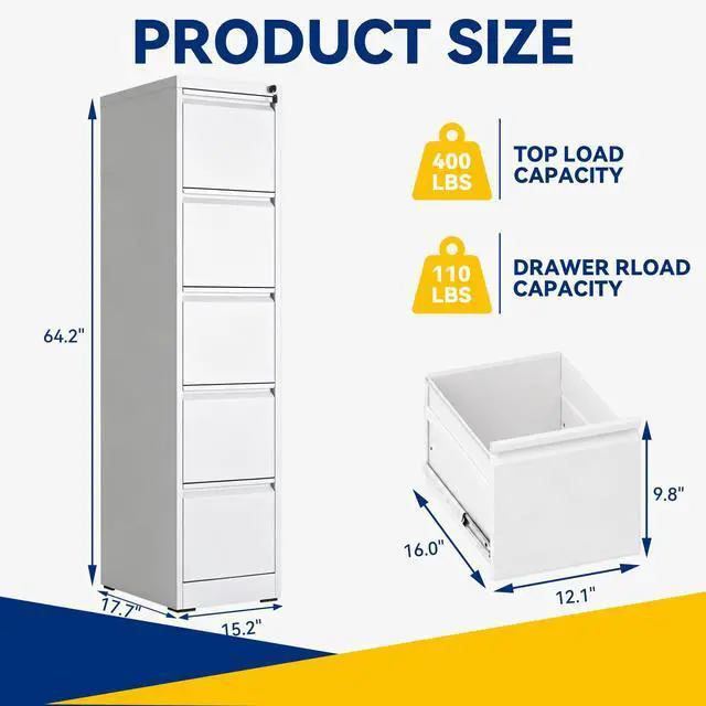 Alt view image 3 of 7 - 5 Drawer File Cabinet with Lock, Vertical Metal Filing Cabinet White | 64.2"H x 15"W x 18"D Office Storage Cabinet for Home Office, Fit Letter, Legal, A4 and F4, Assembly Required