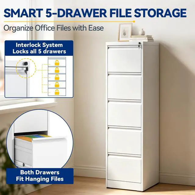 Alt view image 5 of 7 - 5 Drawer File Cabinet with Lock, Vertical Metal Filing Cabinet White | 64.2"H x 15"W x 18"D Office Storage Cabinet for Home Office, Fit Letter, Legal, A4 and F4, Assembly Required
