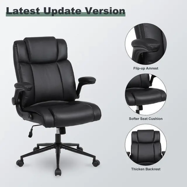 Alt view image 2 of 7 - Ergonomic Executive Office Chair, PU Leather Computer Chair, Black | Thick Padded Flip-up Armrests, Computer Chair with Lumbar Support,Comfy and Soft Cushion, Height Adjustable,Swivel Desk Chair