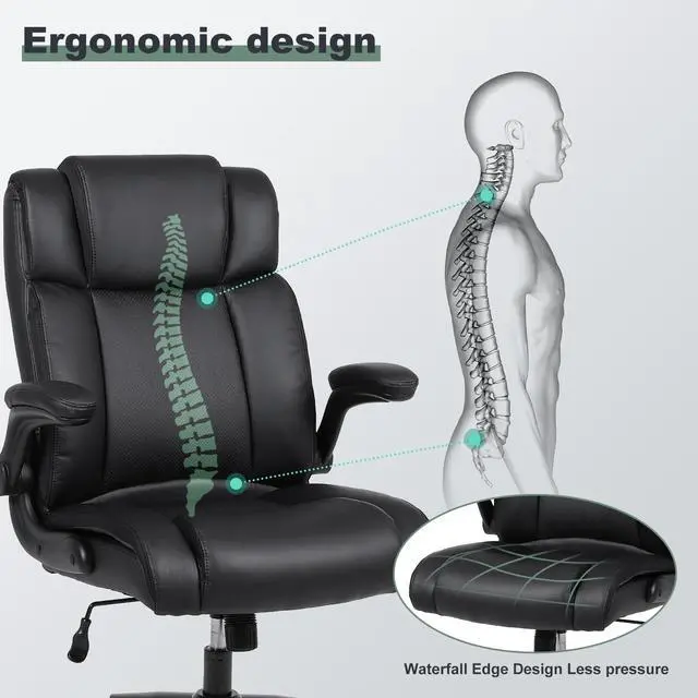 Alt view image 3 of 7 - Ergonomic Executive Office Chair, PU Leather Computer Chair, Black | Thick Padded Flip-up Armrests, Computer Chair with Lumbar Support,Comfy and Soft Cushion, Height Adjustable,Swivel Desk Chair