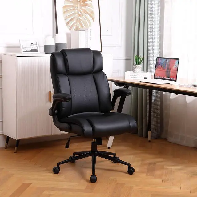 Alt view image 4 of 7 - Ergonomic Executive Office Chair, PU Leather Computer Chair, Black | Thick Padded Flip-up Armrests, Computer Chair with Lumbar Support,Comfy and Soft Cushion, Height Adjustable,Swivel Desk Chair