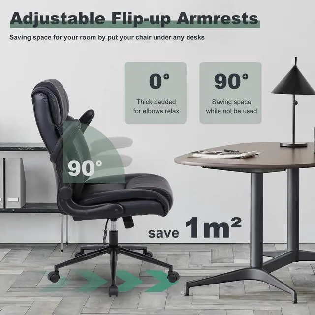 Alt view image 6 of 7 - Ergonomic Executive Office Chair, PU Leather Computer Chair, Black | Thick Padded Flip-up Armrests, Computer Chair with Lumbar Support,Comfy and Soft Cushion, Height Adjustable,Swivel Desk Chair