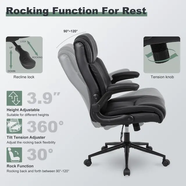 Alt view image 7 of 7 - Ergonomic Executive Office Chair, PU Leather Computer Chair, Black | Thick Padded Flip-up Armrests, Computer Chair with Lumbar Support,Comfy and Soft Cushion, Height Adjustable,Swivel Desk Chair