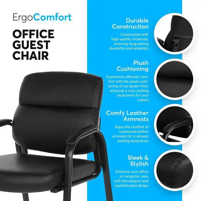 Alt view image 4 of 7 - Leather Guest Chair with Padded Arms, Reception Meeting Conference Waiting Room Lobby Home Desk Big and Tall Executive Office Chair, Black (1 Pack)