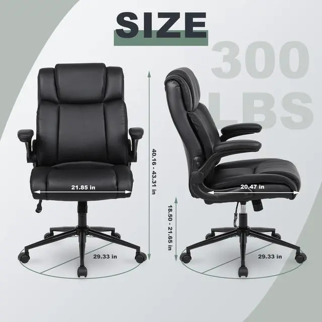Alt view image 5 of 7 - Ergonomic Executive Office Chair, PU Leather Computer Chair, Black | Thick Padded Flip-up Armrests, Computer Chair with Lumbar Support,Comfy and Soft Cushion, Height Adjustable,Swivel Desk Chair