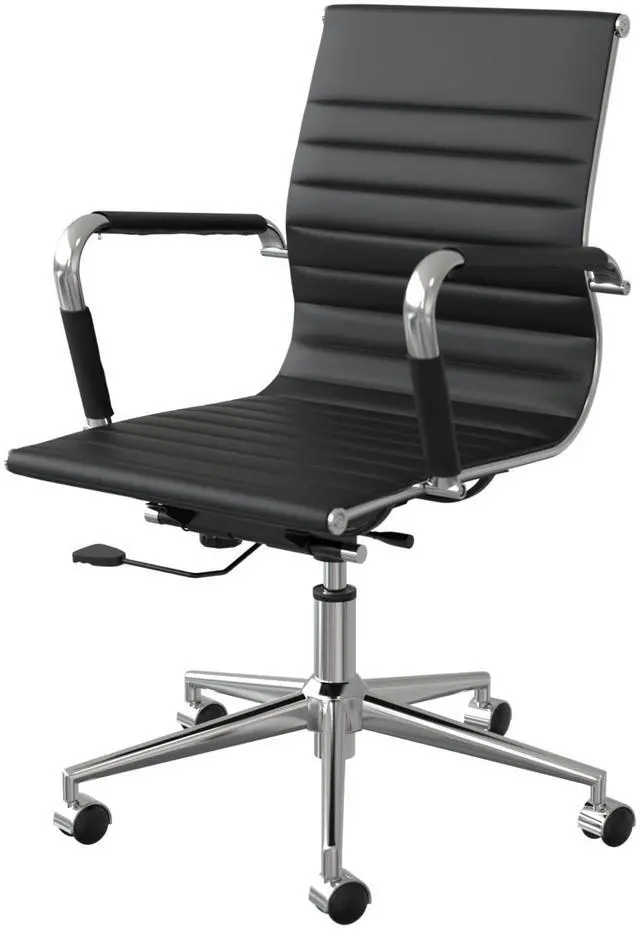 Main image of Ribbed PU Leather Executive Office Chair, Mid Back, Black | Ergonomic Swivel Chair With Adjustable Height & Tilt, Chrome Base, For Home Office Use, Conference Room & Hotel Use