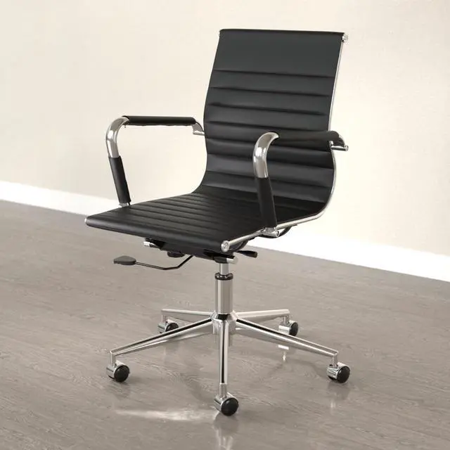 Alt view image 2 of 7 - Ribbed PU Leather Executive Office Chair, Mid Back, Black | Ergonomic Swivel Chair With Adjustable Height & Tilt, Chrome Base, For Home Office Use, Conference Room & Hotel Use